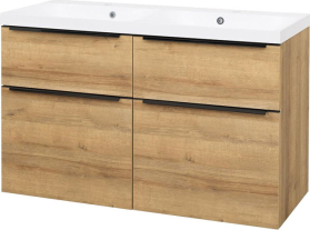Mereo Mailo, koupelnová skříňka s umyvadlem z litého mramoru 121 cm, dub Riviera, černé madlo CN523MB