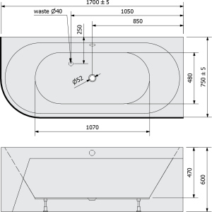 Polysan VIVA R MONOLITH asymetrická vana 170x75x60cm, šedá 78119M.30