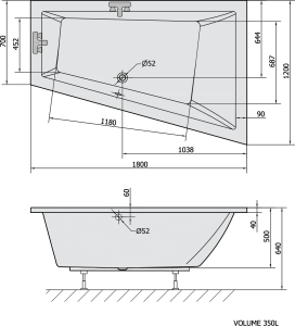 Polysan TRIANGL R asymetrická vana 180x120x50cm, bílá 20611