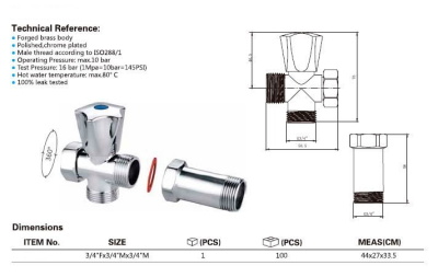 Aqualine Pračkový ventil před nástěnnou baterii se zpět. ventilem 3/4"x3/4", chrom 5315