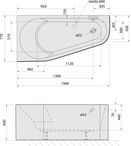 Polysan PROJEKTA L MONOLITH asymetrická stojící vana 156x77x60cm, bílá 20111M