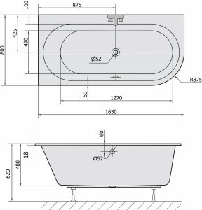 Polysan ASTRA L SLIM asymetrická vana 165x80x48cm, bílá 33611S