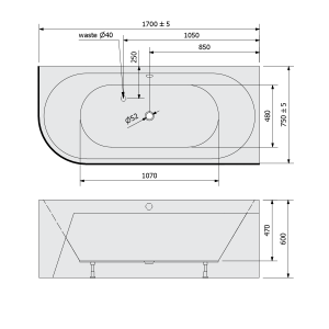 Polysan VIVA R MONOLITH asymetrická vana 170x75x60cm, bílá 78119M