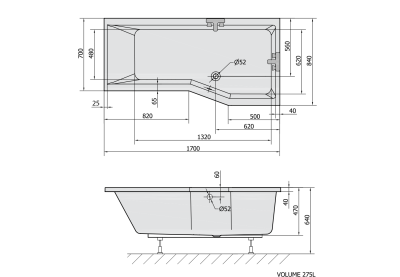 Polysan VERSYS R asymetrická vana 170x84x70x47cm, bílá 70611