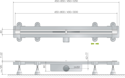 Omp Tea SUMISURA podlahový žlab s nerezovým roštem, L-450-1230, DN50 983.401.8