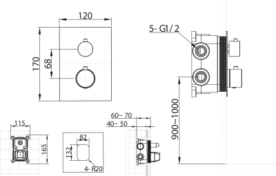 Sapho KIMURA podomítková sprchová termostatická baterie, box, 3 výstupy, chrom KU683