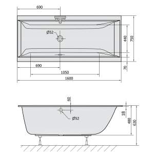 Polysan CLEO SLIM obdélníková vana 160x75x48cm, bílá 93611S