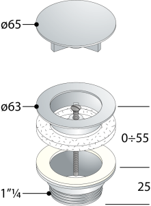 Omp Tea Umyvadlová výpust 5/4“, neuzavíratelná, velká zátka, 10-55mm, černá 542.742.5B