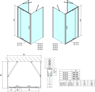 Polysan EASY třístěnný sprchový kout 900-1000x700mm, pivot dveře, L/P varianta, čiré sklo EL1715EL3115EL3115