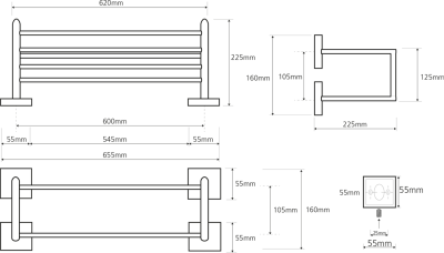 Sapho X-SQUARE polička na ručníky dvojitá s hrazdou 600x160x225mm, chrom XQ412