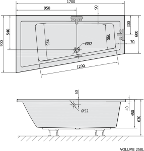 Polysan ANDRA L asymetrická vana 170x90x45cm, černá mat 81111.21