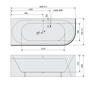 Polysan VIVA L MONOLITH asymetrická vana 180x75x60cm, bílá 72099M
