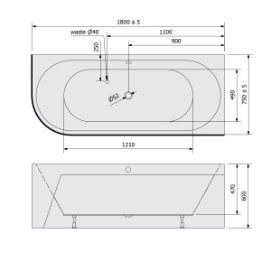Polysan VIVA R MONOLITH asymetrická vana 180x75x60cm, bílá 72129M