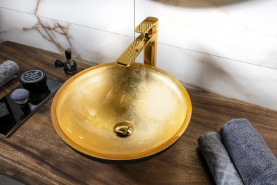Sapho MURANO BLACK-GOLD skleněné umyvadlo na desku, průměr 40cm, černá/zlatá AL5318-77