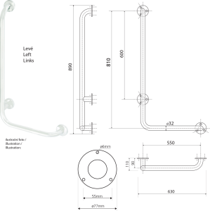 Sapho HANDICAP nástěnné madlo LEVÉ 810x550mm, bílá XH522W