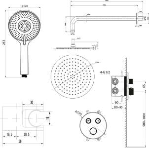 Sapho SMART SELECT podomítkový sprchový set s termostatickou baterií, 2 výstupy, vyústění, zlato mat RP032GB-01