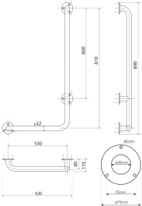 Sapho HANDICAP nástěnné madlo PRAVÉ 810x550mm, nerez lesk XH524