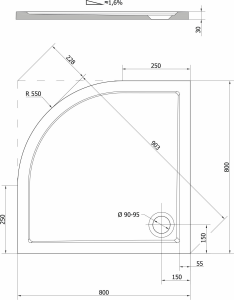 Polysan SERA sprchová vanička z litého mramoru, čtvrtkruh 80x80cm, R550, bílá 40511