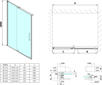 Polysan ROLLS sprchové dveře 1400mm, výška 2000mm, čiré sklo RL1415
