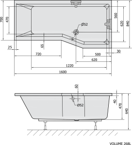 Polysan VERSYS R asymetrická vana 160x84x70x47cm, bílá 15611