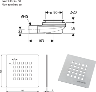 Polysan TRENECA vaničkový sifon, průměr 90mm, DN40, krytka nerez 84999