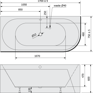 Polysan VIVA L MONOLITH asymetrická vana 170x75x60cm,  bílá/agila 70119M.43