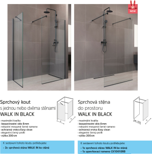 Mereo Sprchová stěna WALK IN, Novea, 70 x 200 cm, Black ALU, sklo Čiré CK10600HB