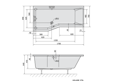 Polysan VERSYS L asymetrická vana 170x84x70x47cm, bílá 70111