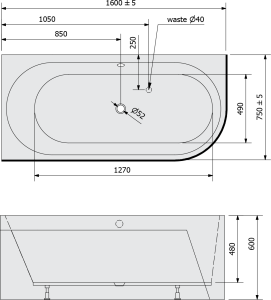 Polysan ASTRA L MONOLITH asymetrická vana 160x75x60cm, šedá 33611M.30