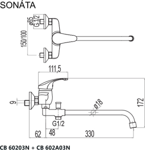 Mereo Nástěnná baterie do byt. jádra, Sonáta, 100 mm, s trubkovým ramínkem 330 mm, bez příslušentví, chrom CB602A03N