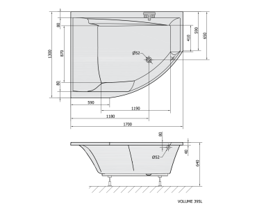 Polysan TANDEM L asymetrická vana 170x130x50cm, bílá 96611