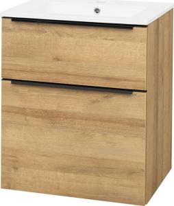 Mereo Mailo, koupelnová skříňka s keramickým umyvadlem 61 cm, dub Riviera, černé madlo CN520B