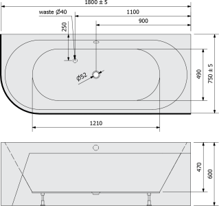 Polysan VIVA R MONOLITH asymetrická vana 180x75x60cm, šedá 72129M.30