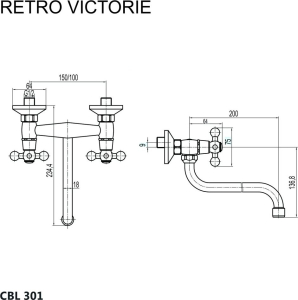 Mereo Dřezová nástěnná baterie, Retro Viktorie, 100 mm, s ramínkem trubkovým ø 18 mm - 200 mm CBL301A