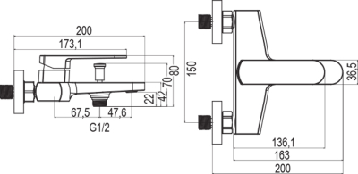 Mereo Vanová nástěnná baterie, Mada, 150 mm, bez příslušenství, chrom CBQ90103M