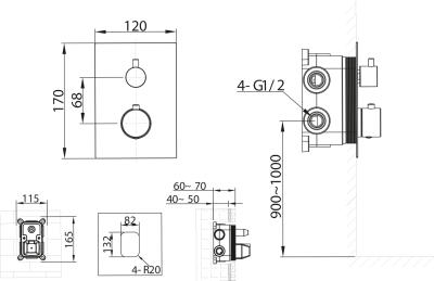 Sapho KIMURA podomítková sprchová termostatická baterie, box, 2 výstupy, chrom KU682