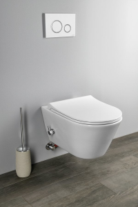 Závěsné WC AVVA CLEANWASH , integr. baterie a bidet. sprška s podomítkovou nádržkou a tlačítkem Schwab, bílá 100315-SET5