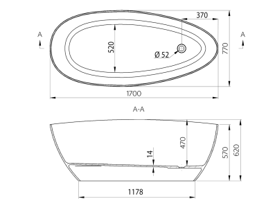 Gelco ELIPSIE volně stojící vana 1700x770x620mm, litý mramor, bílá lesk GVEL1700