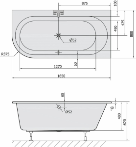 Polysan ASTRA R SLIM asymetrická vana 165x80x48cm, bílá 34611S
