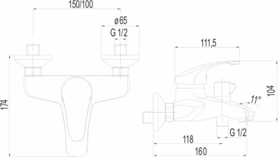 Mereo Vanová nástěnná baterie, Sonáta, 150 mm, s keramickým přepínačem, bez příslušenství, chrom CB90104N