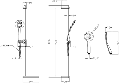 Sapho BRIT sprchová souprava s poličkou, posuvný držák, 805mm, sprch. hadice 1500mm, chrom 1202-25