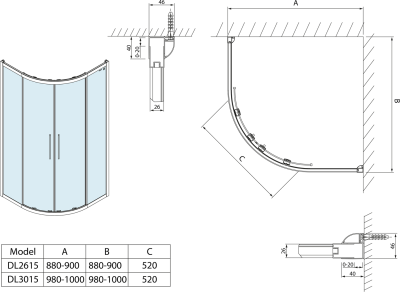 Polysan LUCIS LINE čtvrtkruhová sprchová zástěna, 1000x1000mm, R550, čiré sklo DL3015