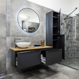 Mereo Mailo, koupelnová skříňka s umyvadlem z litého mramoru 81 cm, šedý kámen, černé madlo CN551MB