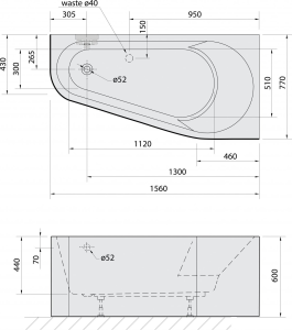 Polysan PROJEKTA R MONOLITH asymetrická stojící vana 156x77x60cm, bílá 21111M