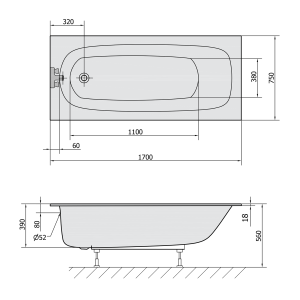 Polysan EBRO SLIM obdélníková vana 170x75x39cm, bílá 26711S