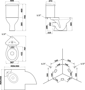 Aqualine CLIFTON rohové WC kombi, dvojtlačítko 3/6l, zadní/spodní odpad, bílá FS1PK