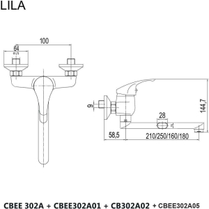 Mereo Dřezová nástěnná baterie, Lila, 100 mm, s ramínkem plochým rovným 180 mm, chrom CBEE302A05