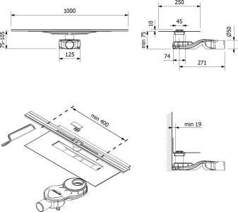 Polysan SLIM RIVER nerezový podlahový žlab s roštem, L.400-1000, DN50 RV100
