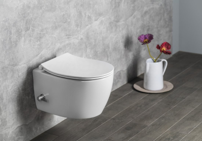 Isvea SENTIMENTI CLEANWASH závěsná WC mísa, integrovaný ventil a bidet. sprška, Rimless, 36x51cm, bílá 10ARS1010