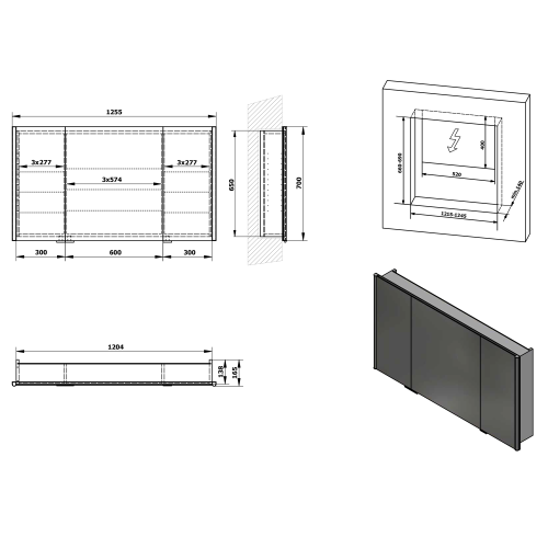 Sapho INTEGRA zápustná galerka s LED osvětlením, 125x70cm IN125